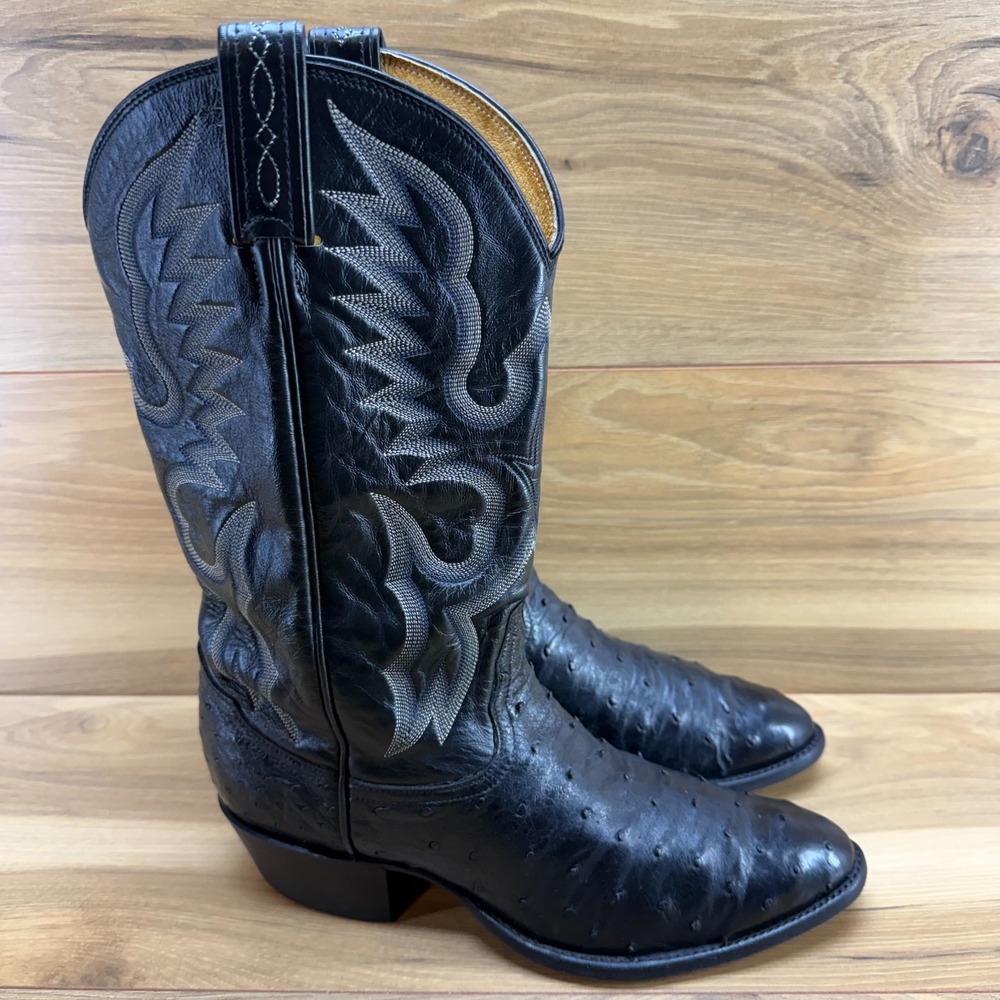 Tony Lama El Rey Vintage Ostrich Leather Cowboy Boot Mens 9.5 D Black 8225